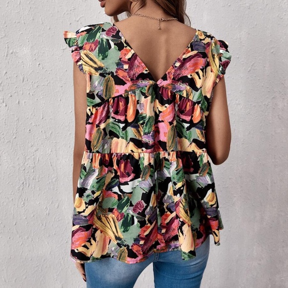 Boho Pink Floral V neck Ruffle Cap Sleeve Top - Picture 6 of 10